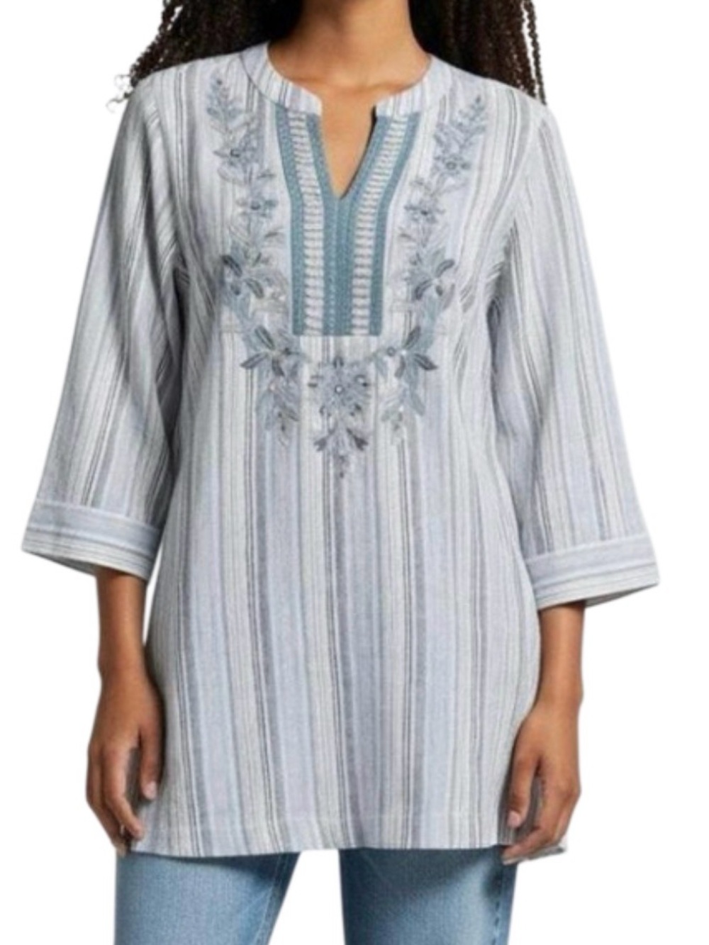 Soft Surroundings Embelia Tunic Top Large Embroidered Cotton Blue White 2FA13